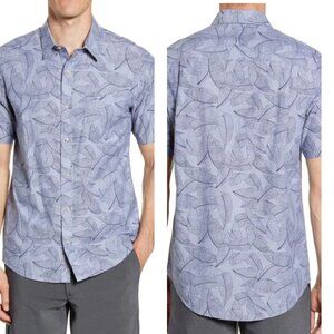 Travis Mathew Button Up Shirt Men Medium Blue Leaf Plant Botanical Casual Pocket
